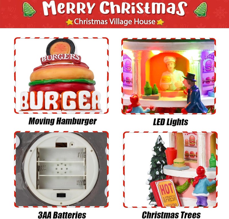 CHONSUN Christmas Village 7.5 Inch Animated Christmas Shop Decorations Moving Hamburger 3AA Batteries Music Village People Indoor Lights Figurines for Room Tabletop Xmas Decor - Image 3